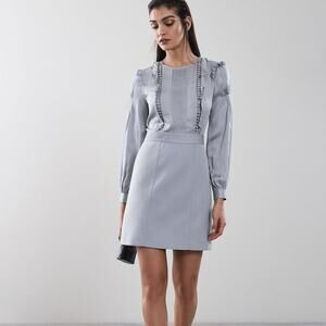 Reiss Size 10 Gray Silverlake Karter Mix Media Ruffle-Trim Satin Dress NWT
